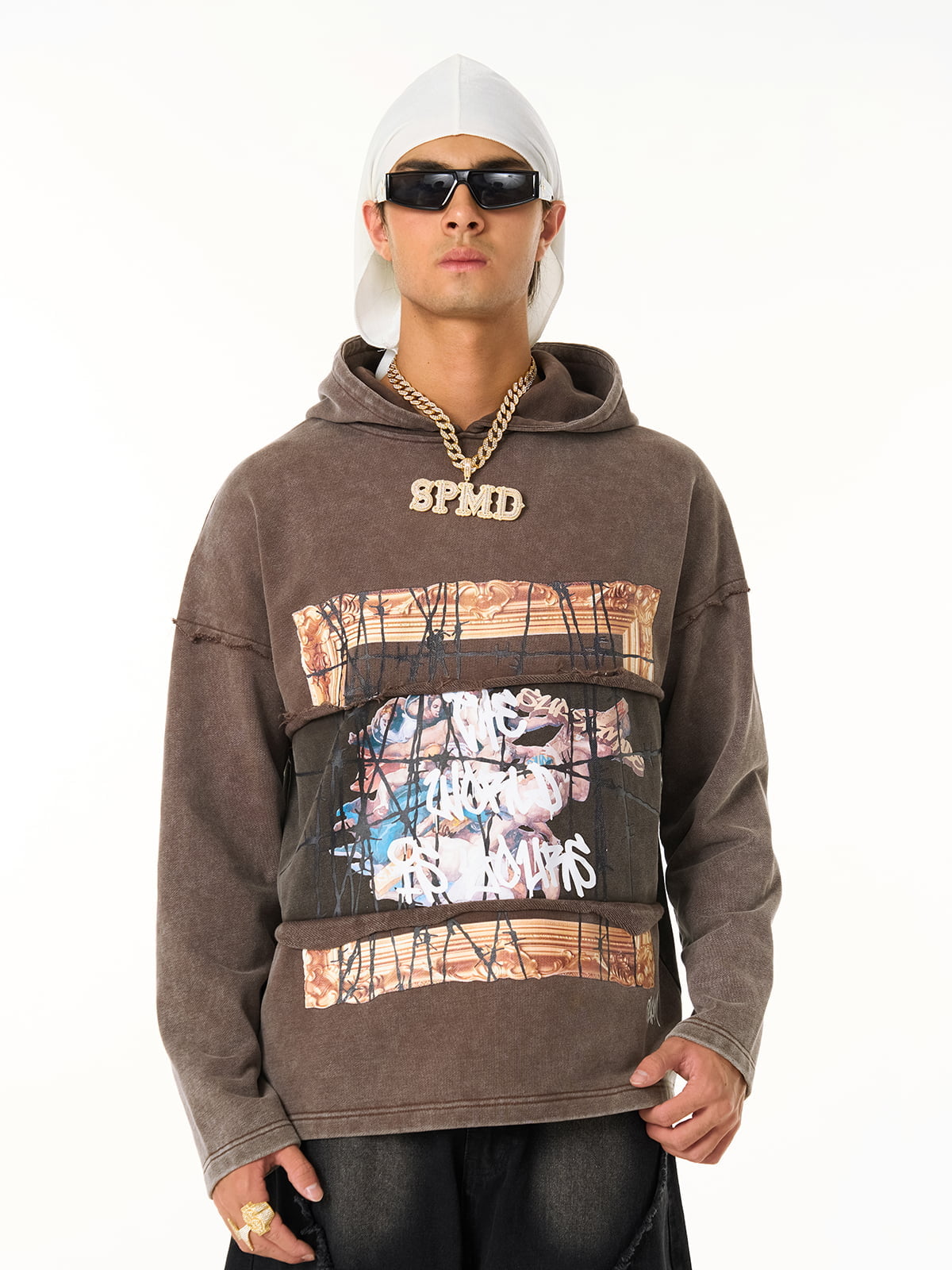 Distressed Hooded Sweatshirt with a Famous Painting of Thorn Destruction 