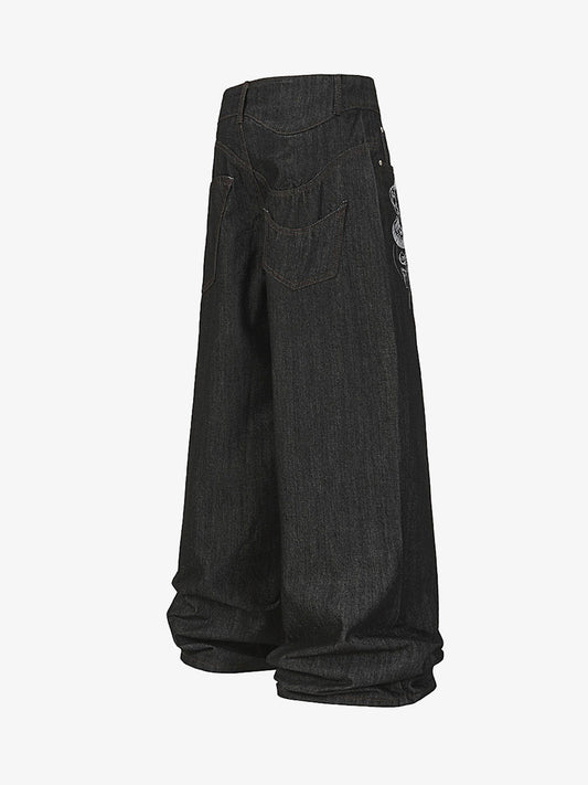 Wide-Leg Denim Trousers with Snake Embroidery - Stylish and Comfortable for All Seasons 