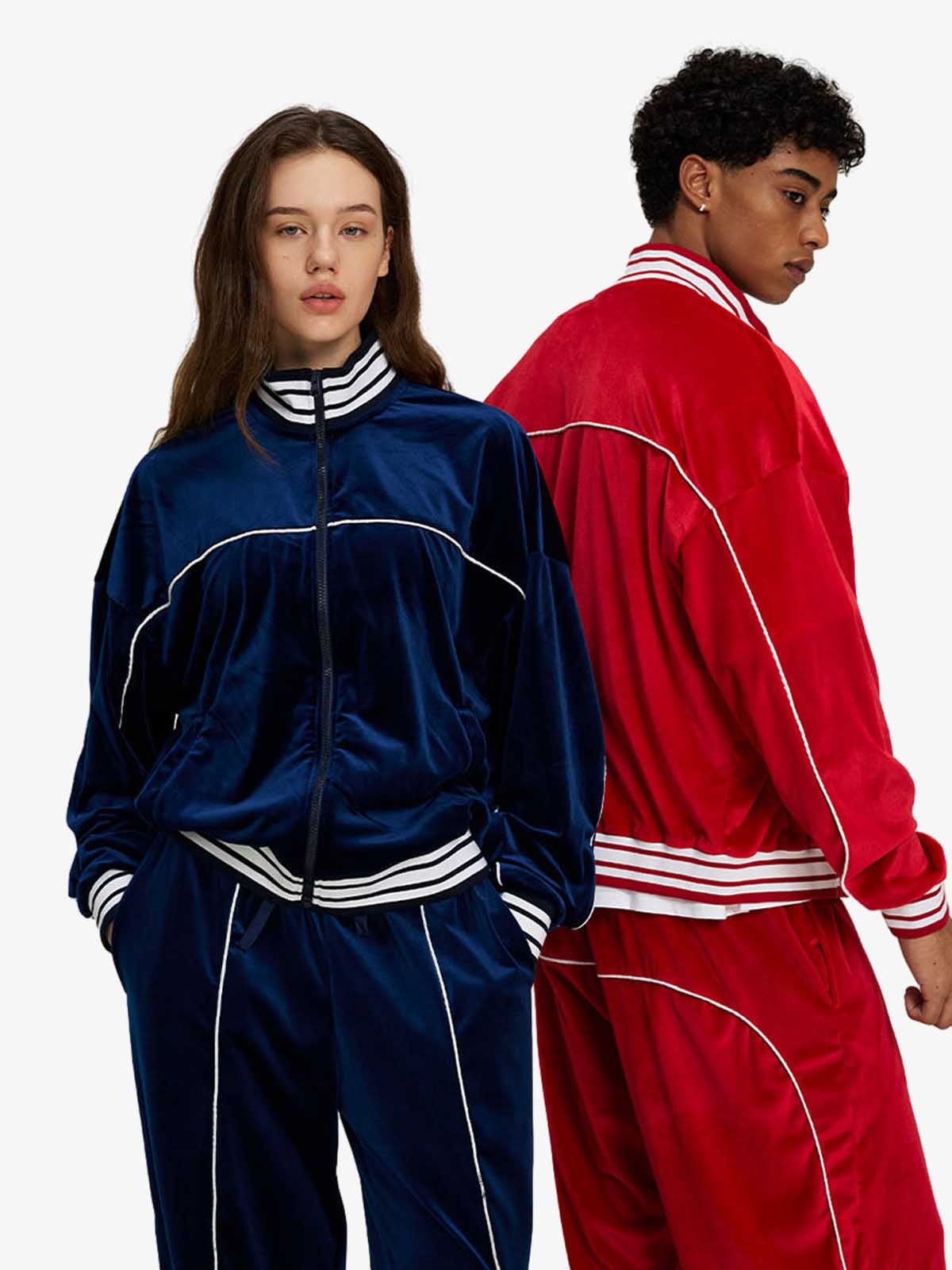 250G Velvet Track Jacket with White Stripe Trim - Unisex Sporty Bomber Coat for Casual Wear 