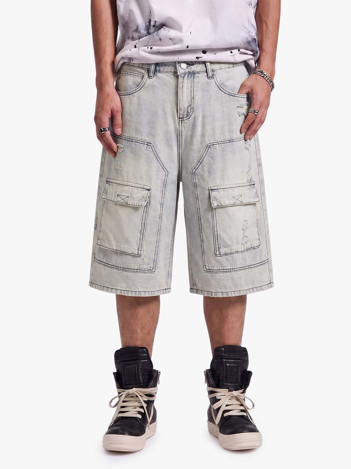 Distressed Denim Cargo Shorts