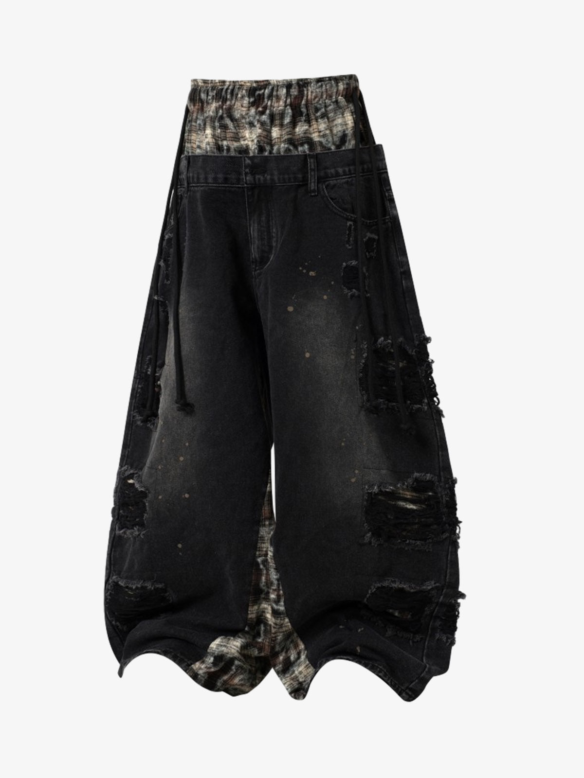 Denim Patchwork Wide Leg Pants with Drawstring Waist and Distressed Details 