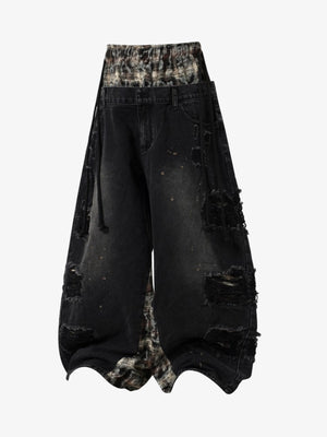 Denim Patchwork Wide Leg Pants with Drawstring Waist and Distressed Details 