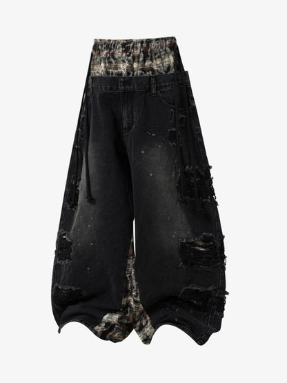 Denim Patchwork Wide Leg Pants with Drawstring Waist and Distressed Details 