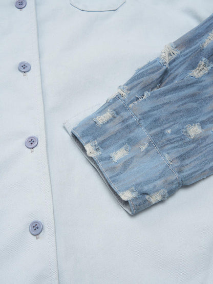 Thesupermade Embroidered pin-fixed pockets - striped batik ripped Denim Shirt 