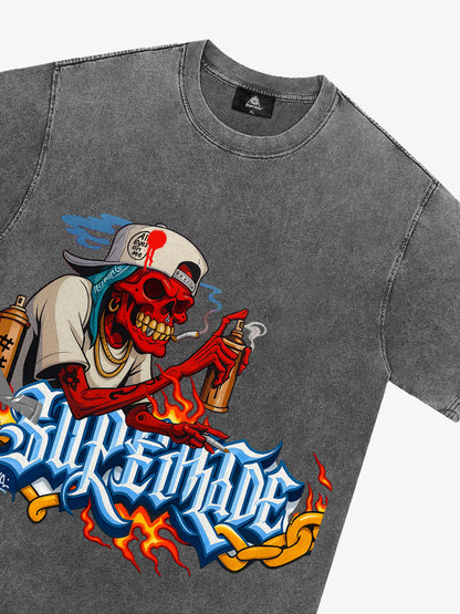 Thesupermade Skull Graffiti Artist Flame Flower Font T-shirt 