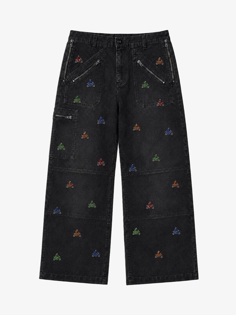 Racing Embroidered Washed Distressed Straight-Leg Jeans