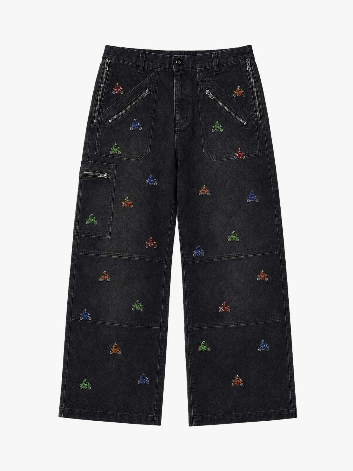 Racing Embroidered Washed Distressed Straight-Leg Jeans