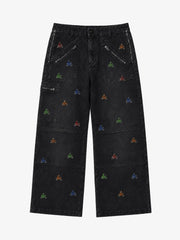 Racing Embroidered Washed Distressed Straight-Leg Jeans