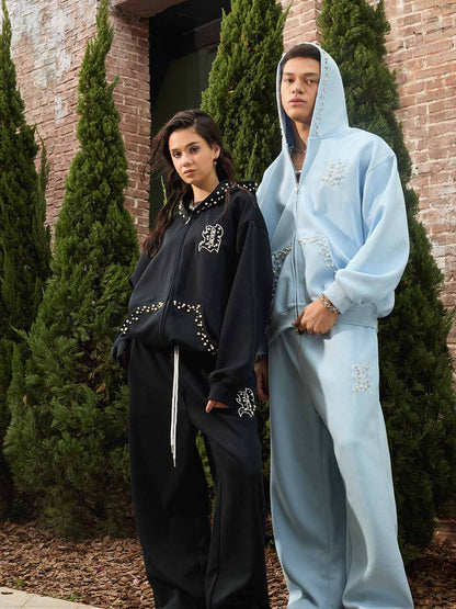 Cotton Blend Embroidered Pearl Detail Track Jacket with Zip Front and Hood 