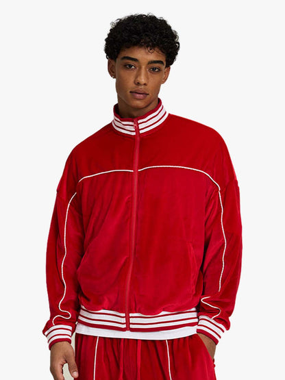 250G Velvet Track Jacket with White Stripe Trim - Unisex Sporty Bomber Coat for Casual Wear 
