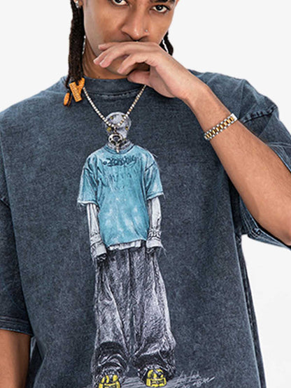 300G Jade Pattern Dyed Cotton Oversized T-Shirt with Skeleton Graphic Print Streetwear 