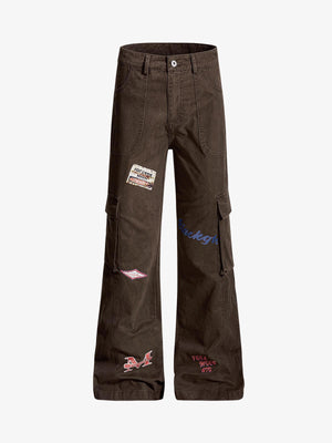 Retro Patchwork Graphic Multi-Pocket Flared Cargo Pants 