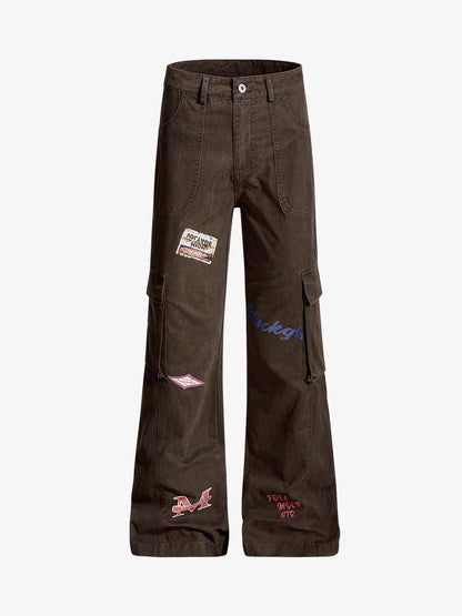 Retro Patchwork Graphic Multi-Pocket Flared Cargo Pants 