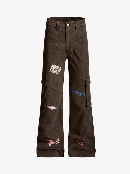 Retro Patchwork Graphic Multi-Pocket Flared Cargo Pants 