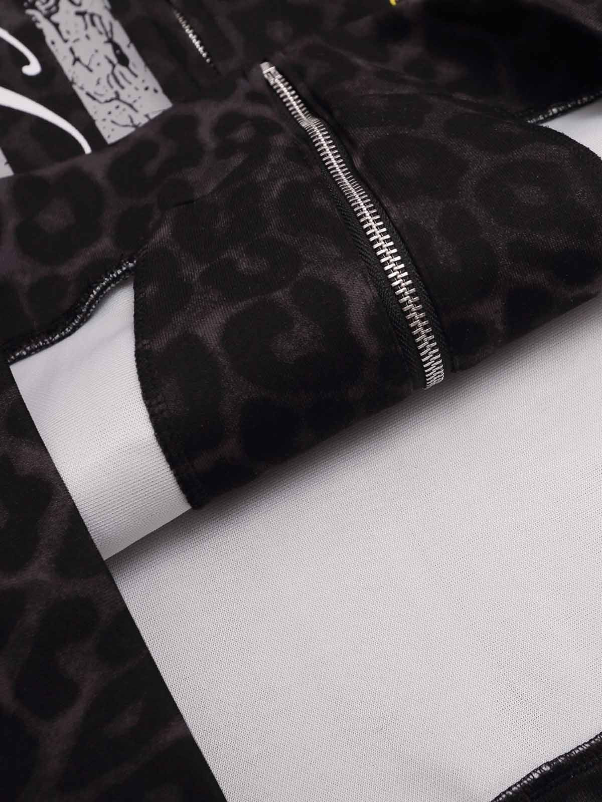 Lion Graphic Leopard Stripe Zip Hoodie