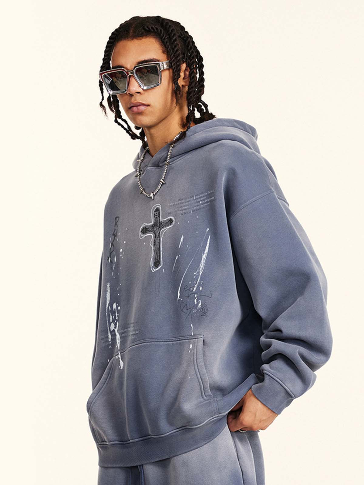 Vintage Dirty Wash Cross Graphic Hoodie 