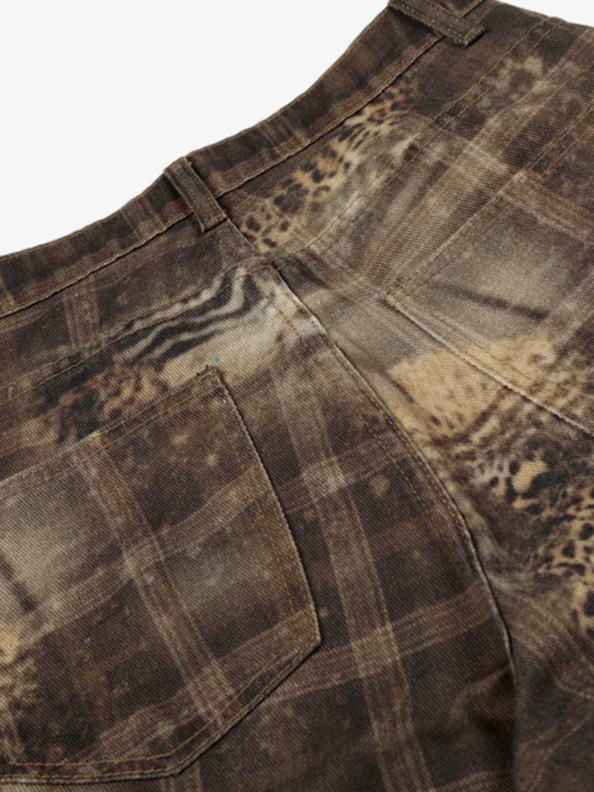 Plaid Leopard Print Cargo Barrel Jeans