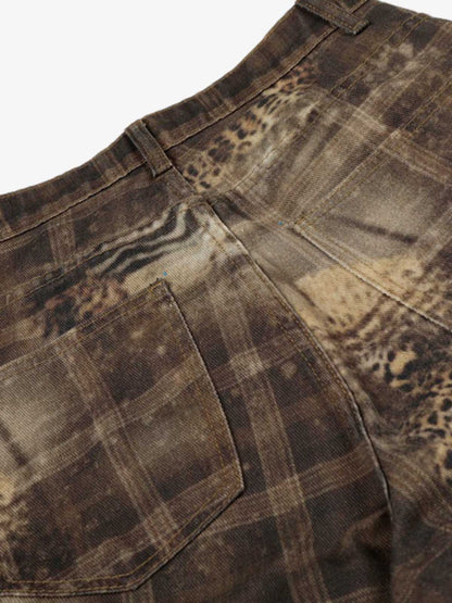 Plaid Leopard Print Cargo Barrel Jeans