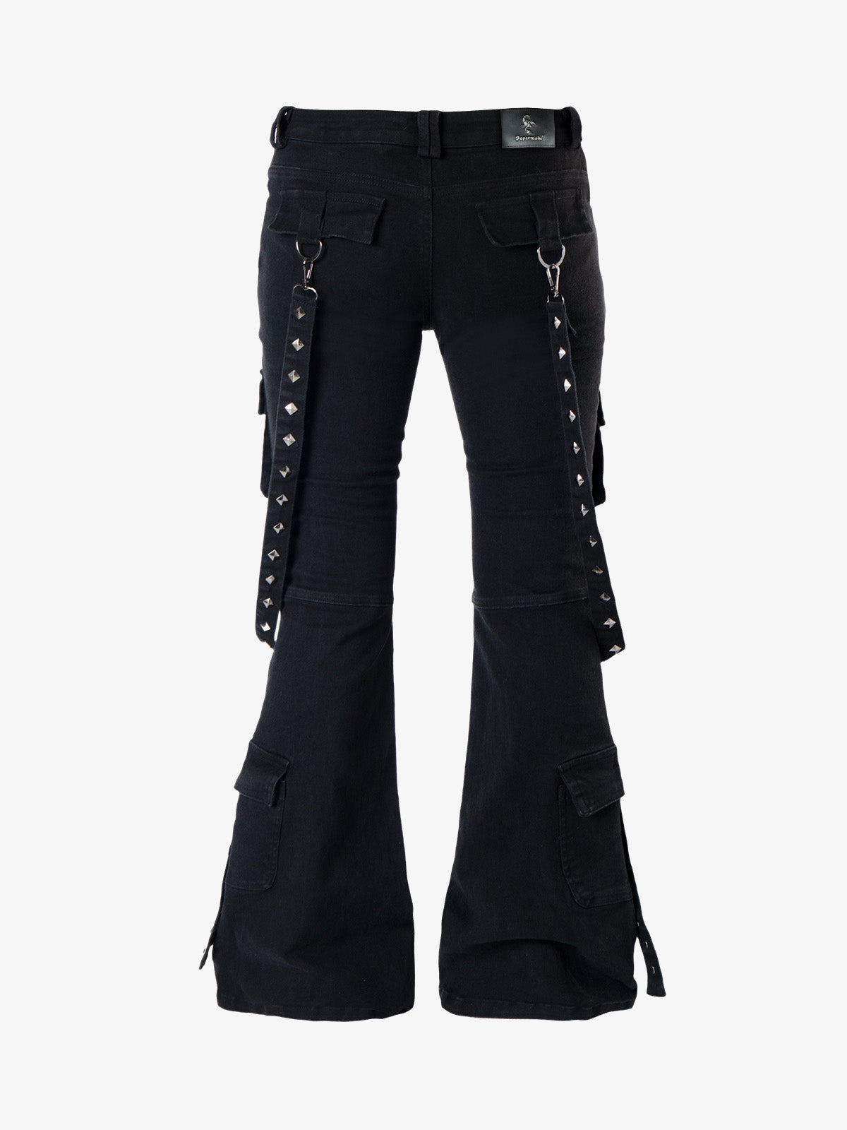 Studded Flared-Hem Utility Jeans; Black / S, Black / M, Black / L