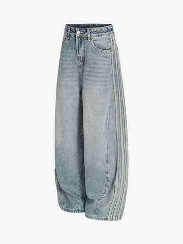 Retro Washed Side Striped Barrel Denim Jeans 