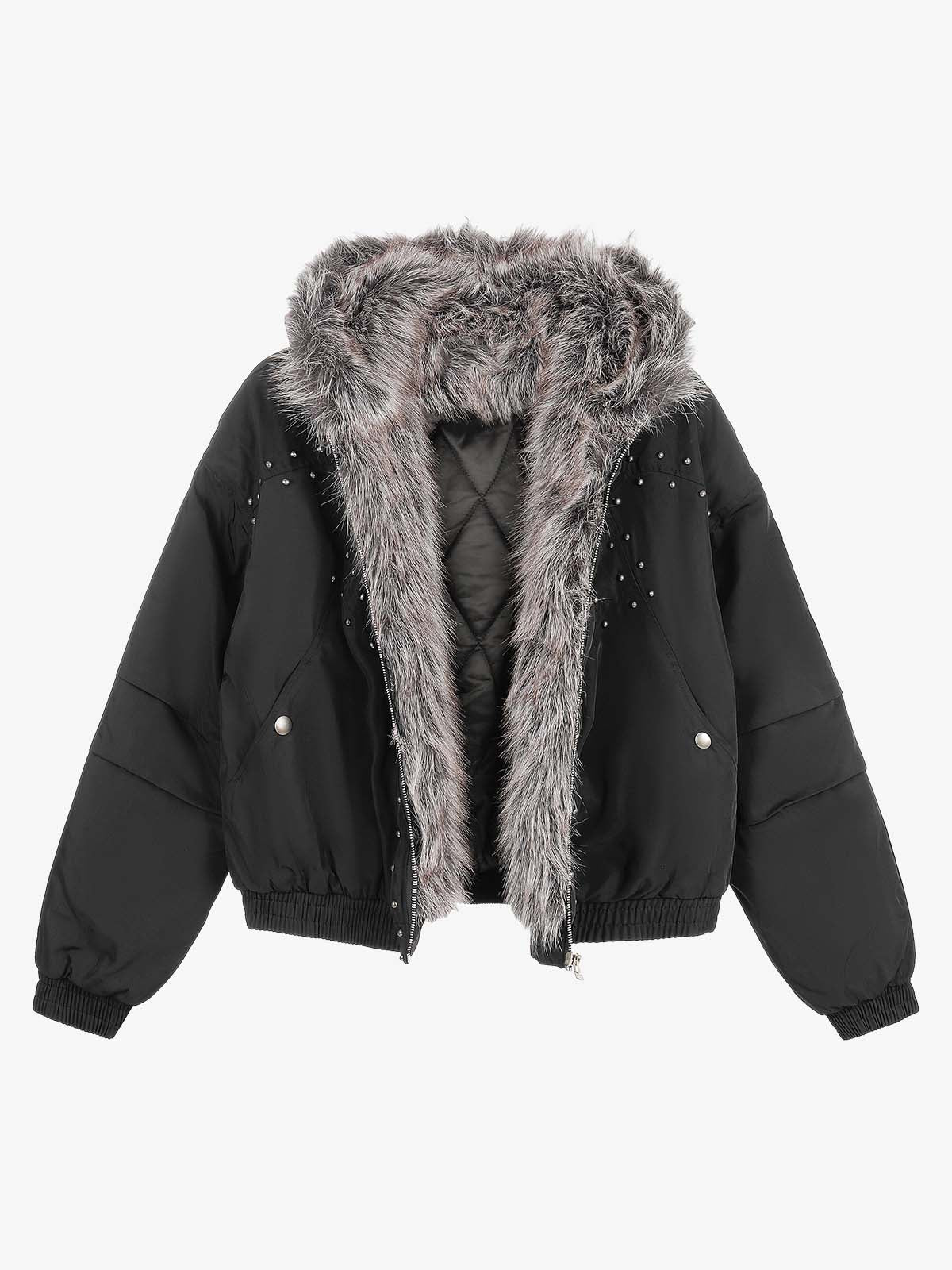 Studded Hooded Faux-Fur Collar Padded Coat