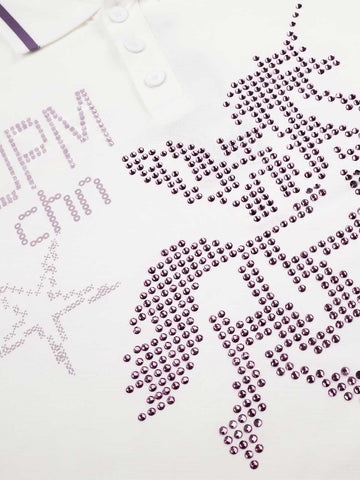 Letter Star Print Rhinestone Long-Sleeve Polo T-Shirt