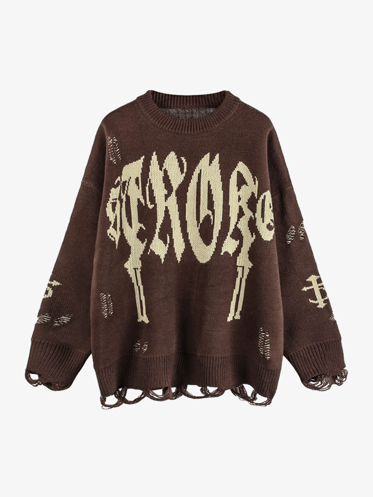 High Street Letter Jacquard Ripped Tassel Sweater 