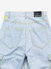 Yellow-Stripe Multi-Pocket Washed Cargo Jeans