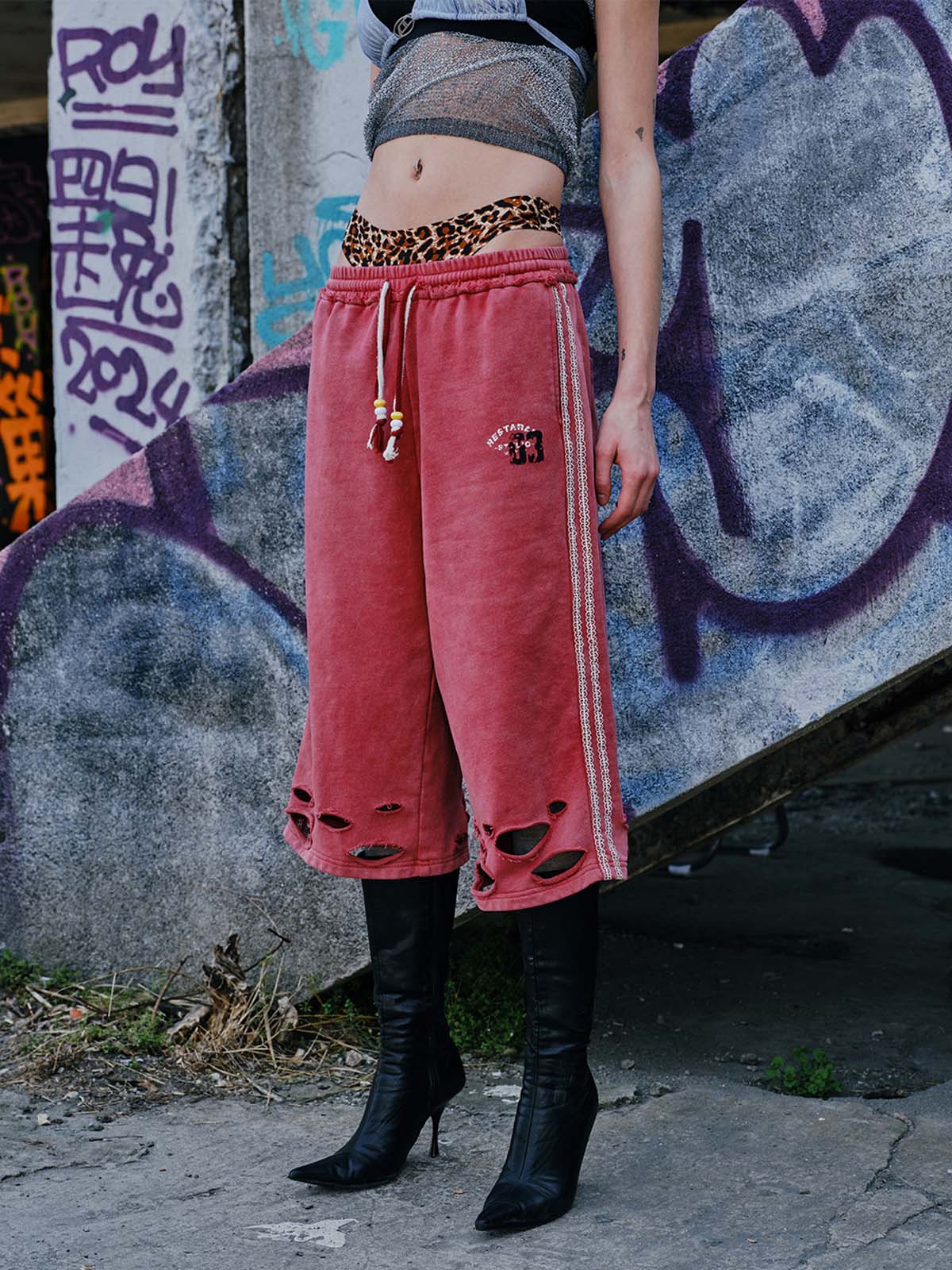 Distressed Ripped Red Culotte Jorts 