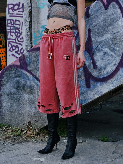 Distressed Ripped Red Culotte Jorts 