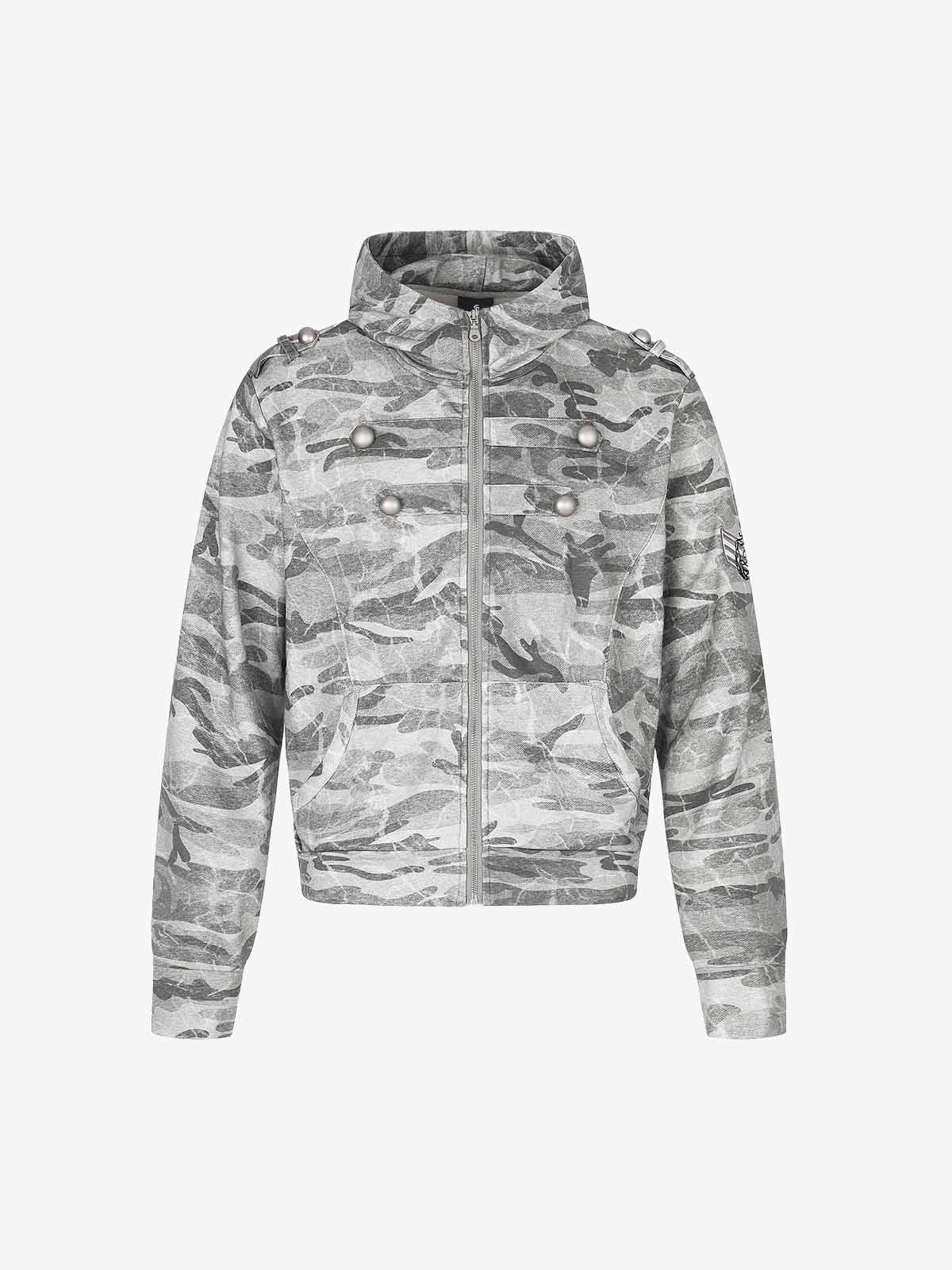 Studded Camo Hooded Sweatshirt Jacket
