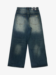 Retro Rhinestone Letter Embroidery Distressed Baggy Jeans 