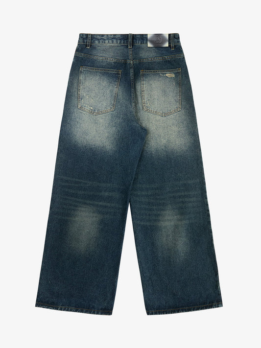 Retro Rhinestone Letter Embroidery Distressed Baggy Jeans 