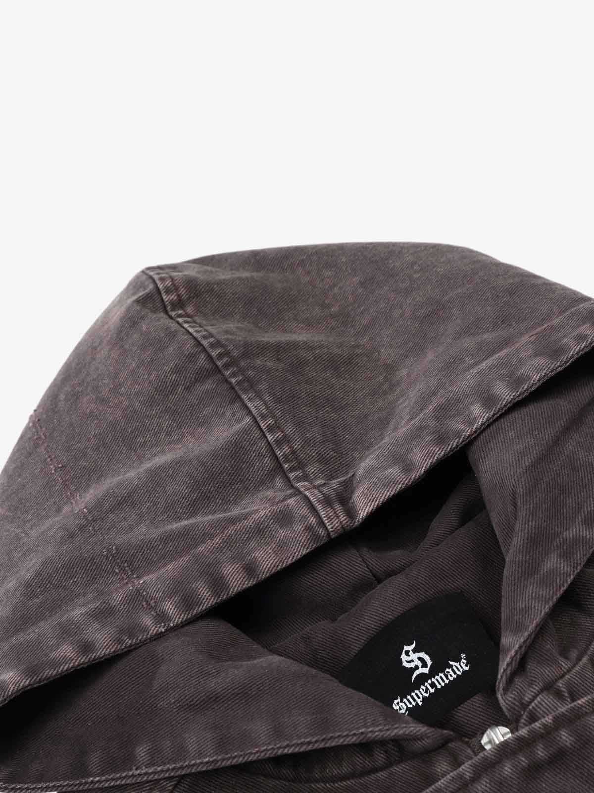 Washed Cotton Hooded Duffle Jacket with Metal Snap Buttons and Ribbed Hem 