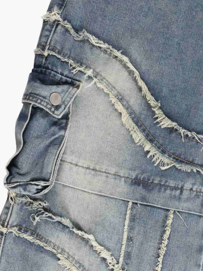Retro Patchwork Frayed-Edge Heavy-Duty Jeans 