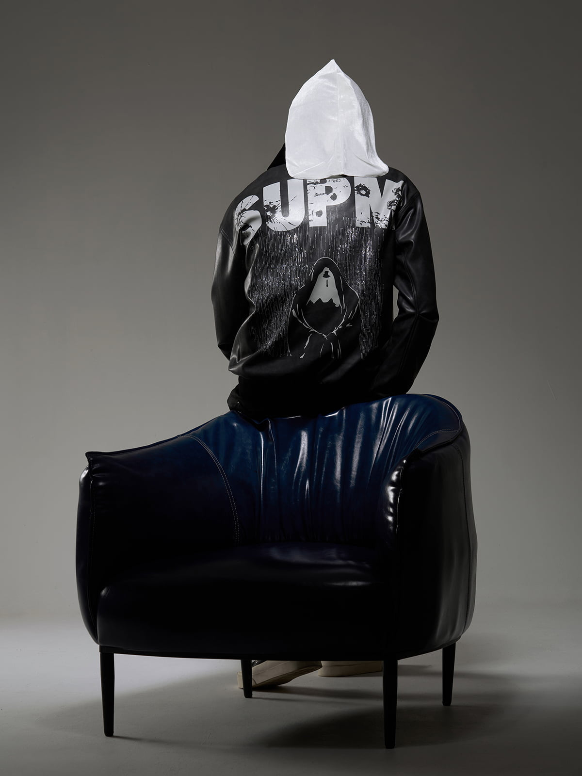 SUPM Leather Jacket with a Fur Collar and Bullet Hole Monogram Print and Rhinestone Pattern 