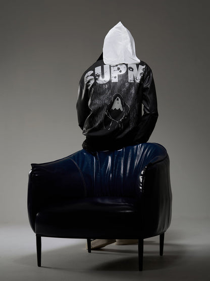 SUPM Leather Jacket with a Fur Collar and Bullet Hole Monogram Print and Rhinestone Pattern 