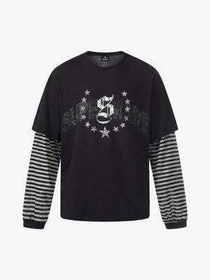 Cotton Blend Layered Sleeve Graphic T-Shirt with Star Print Design 