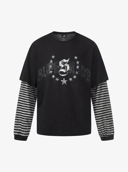 Cotton Blend Layered Sleeve Graphic T-Shirt with Star Print Design 