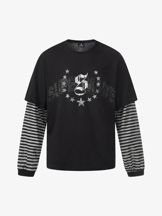 Cotton Blend Layered Sleeve Graphic T-Shirt with Star Print Design 