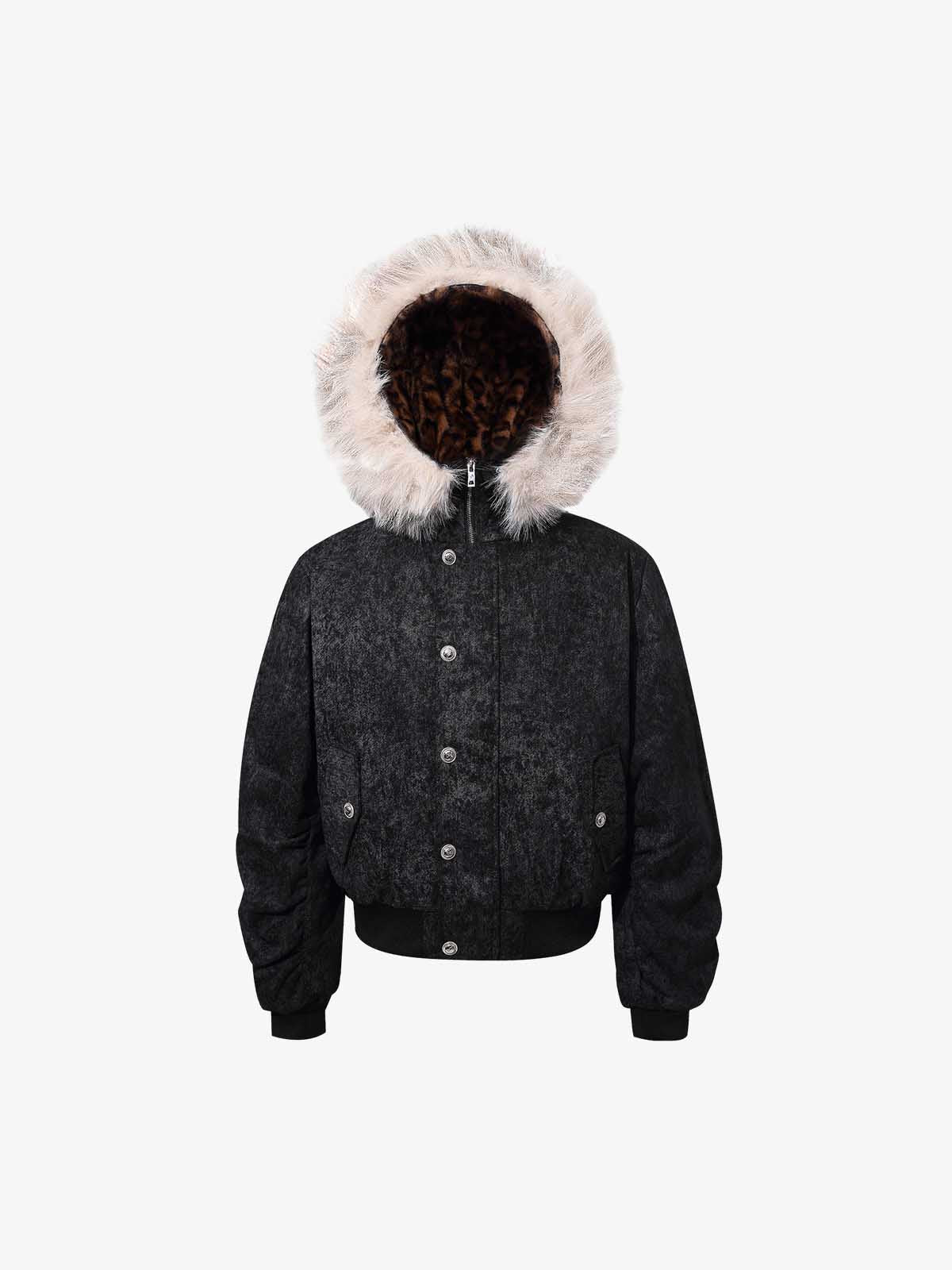 Leopard Panel Fur-Trim Hooded Bomber Jacket 
