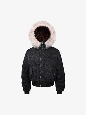 Leopard Panel Fur-Trim Hooded Bomber Jacket 