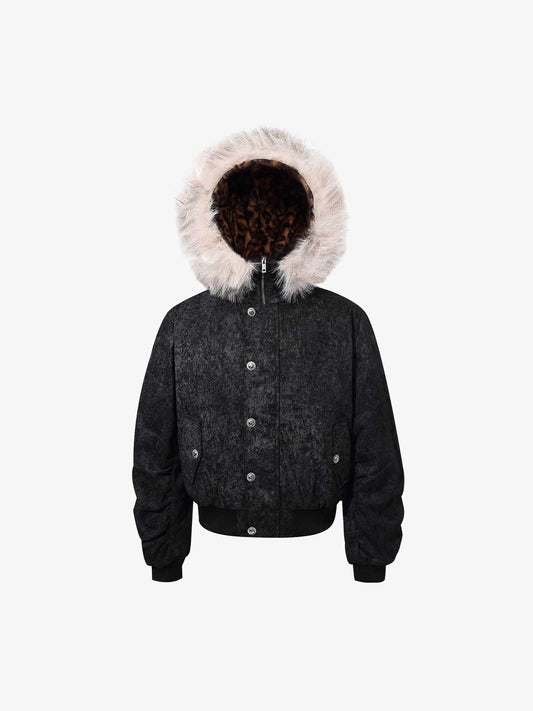 Leopard Panel Fur-Trim Hooded Bomber Jacket 