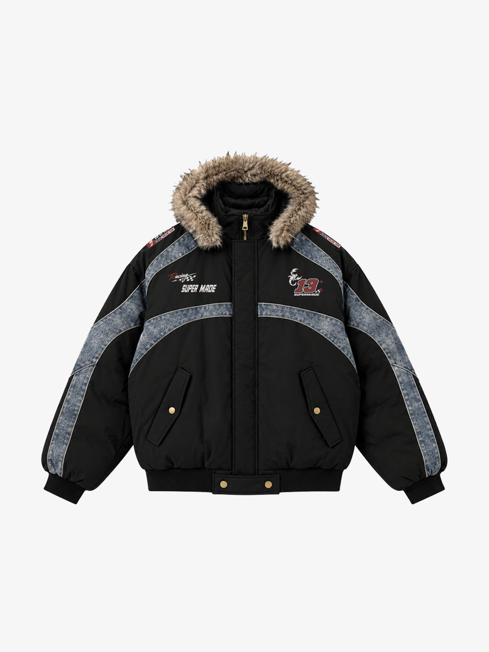 Denim Panel Hooded Padded Coats
