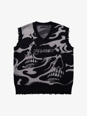 High Street Dark Skull Frayed-edge V-neck Sweater Vest 