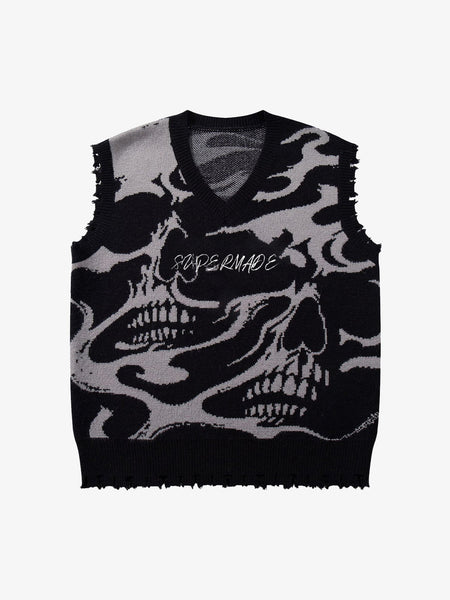 High Street Dark Skull Frayed-edge V-neck Sweater Vest