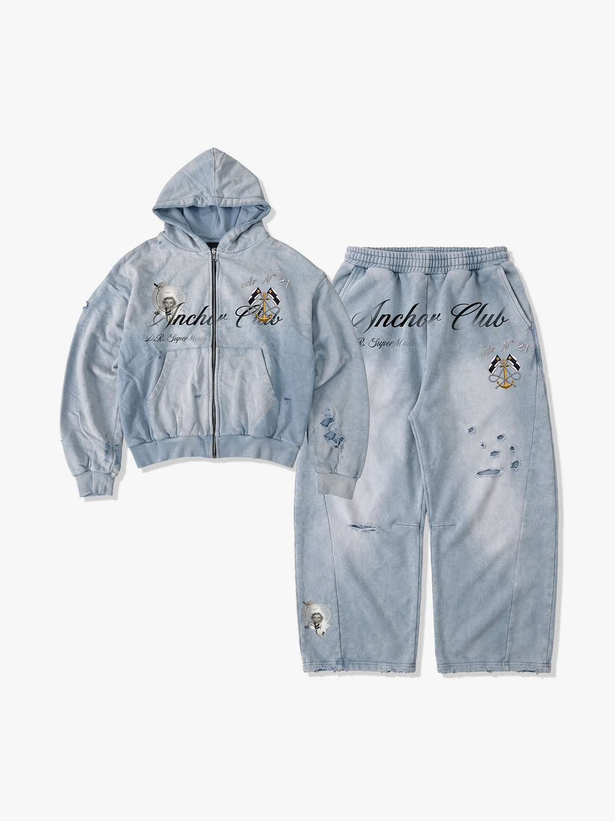Pirate Skull Graphic Distressed Zip Hoodie & Wide-Leg Sweatpants Set