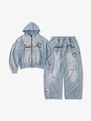 Pirate Skull Graphic Distressed Zip Hoodie & Wide-Leg Sweatpants Set
