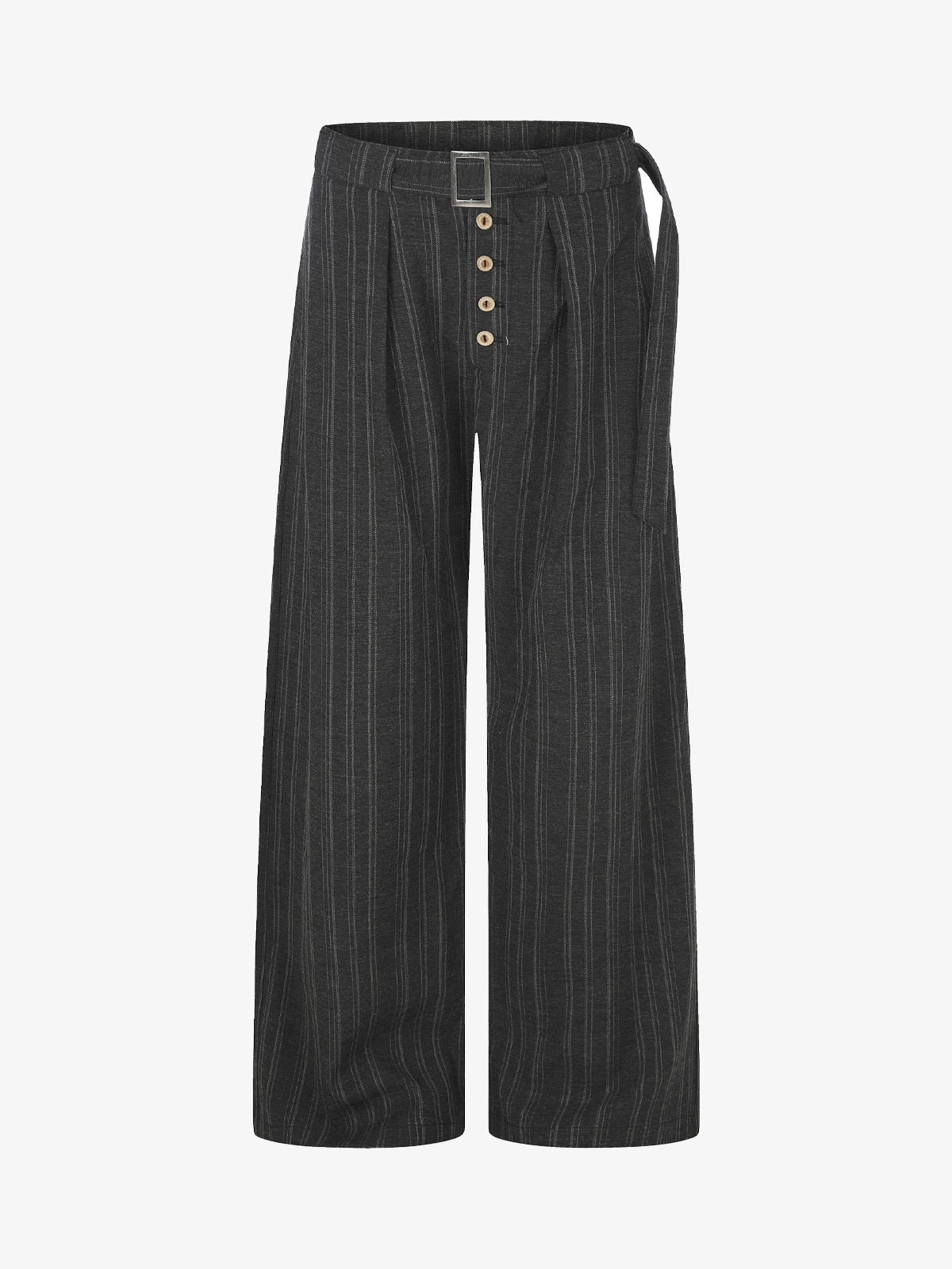 Belted Button-Fly Striped Wide-Leg Pants