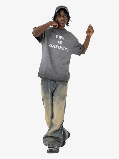 Washed Spray Color Gradient Letter Print T-shirt 